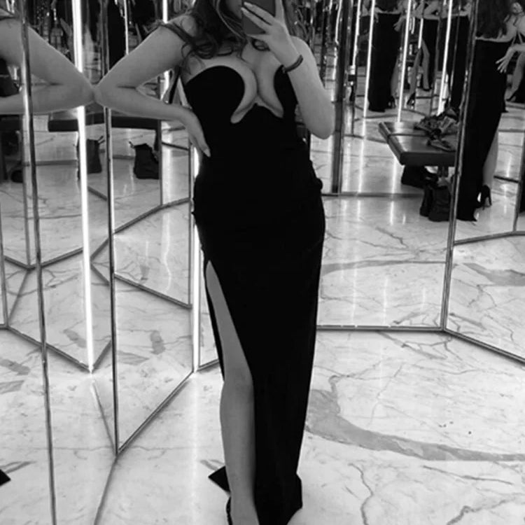 Women Winter Sexy Strapless Backless Split Black Maxi Long Bodycon Bandage Dress 2022 Elegant Evening Party Club Dress Vestidos