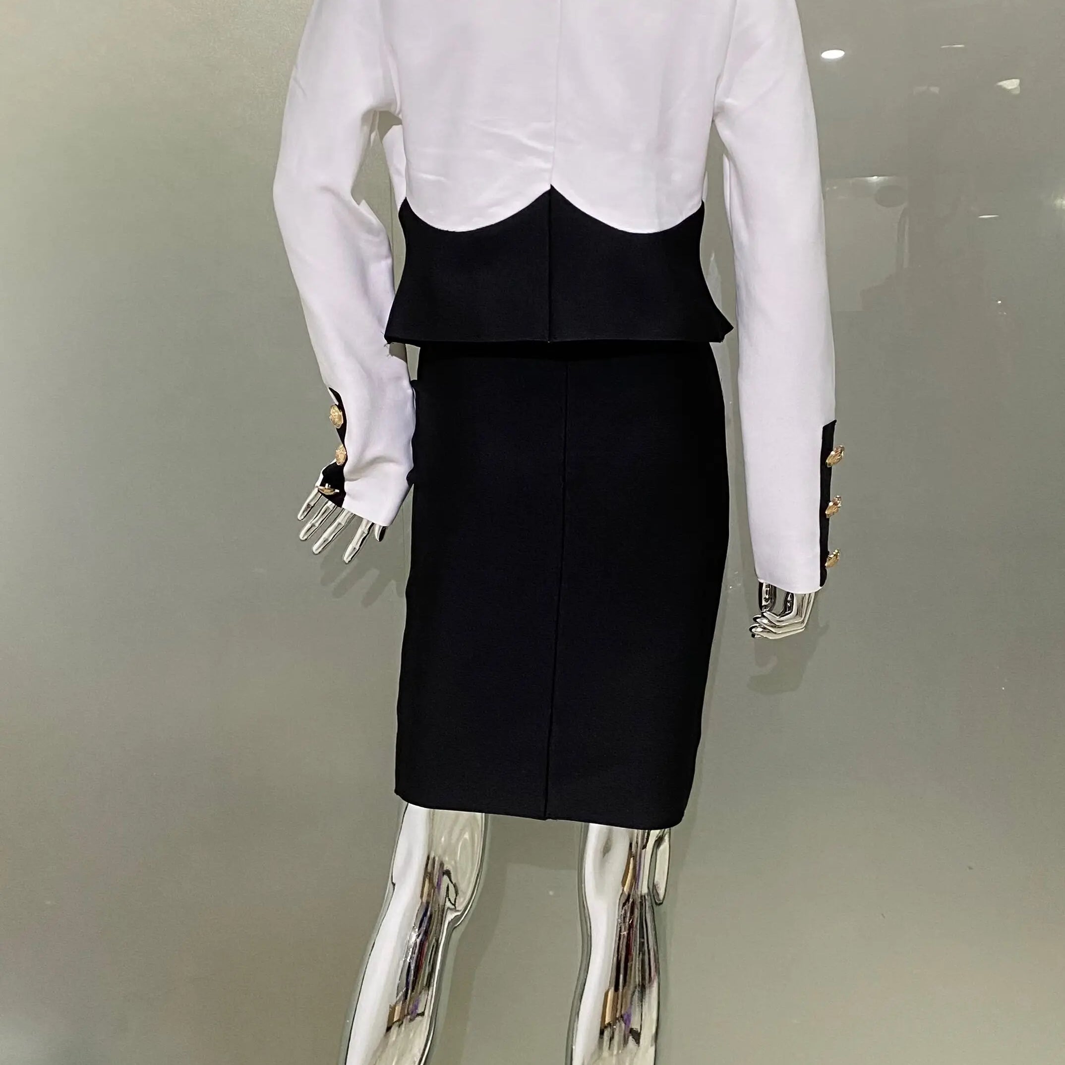 New Arrivals Fashionable Women's Bandage Set Golden Buttons White Patchwork Black Coat And Sleeveless Bodycon MIini Dress