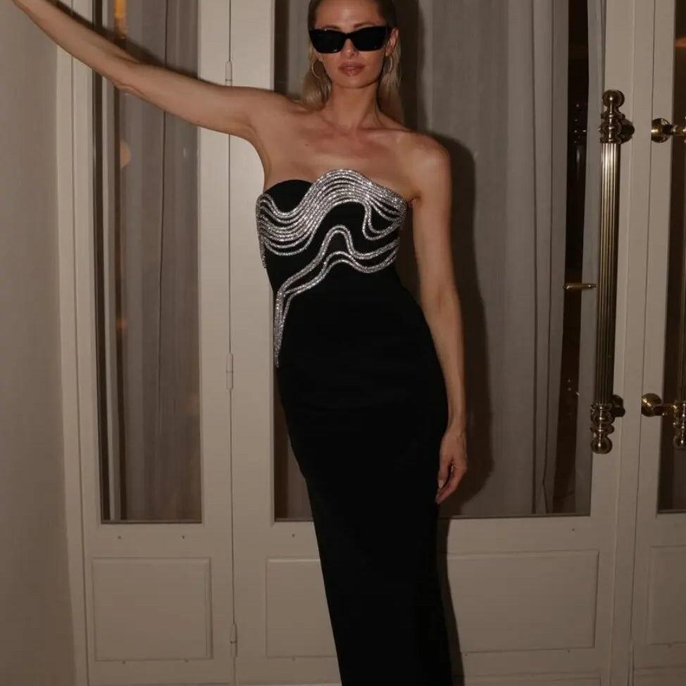 Celebrity Red Carpet Dress Women Sexy Strapless Diamond Lines Bodycon Bandage Long Dress Fashion Elegant Evening Party Vestido