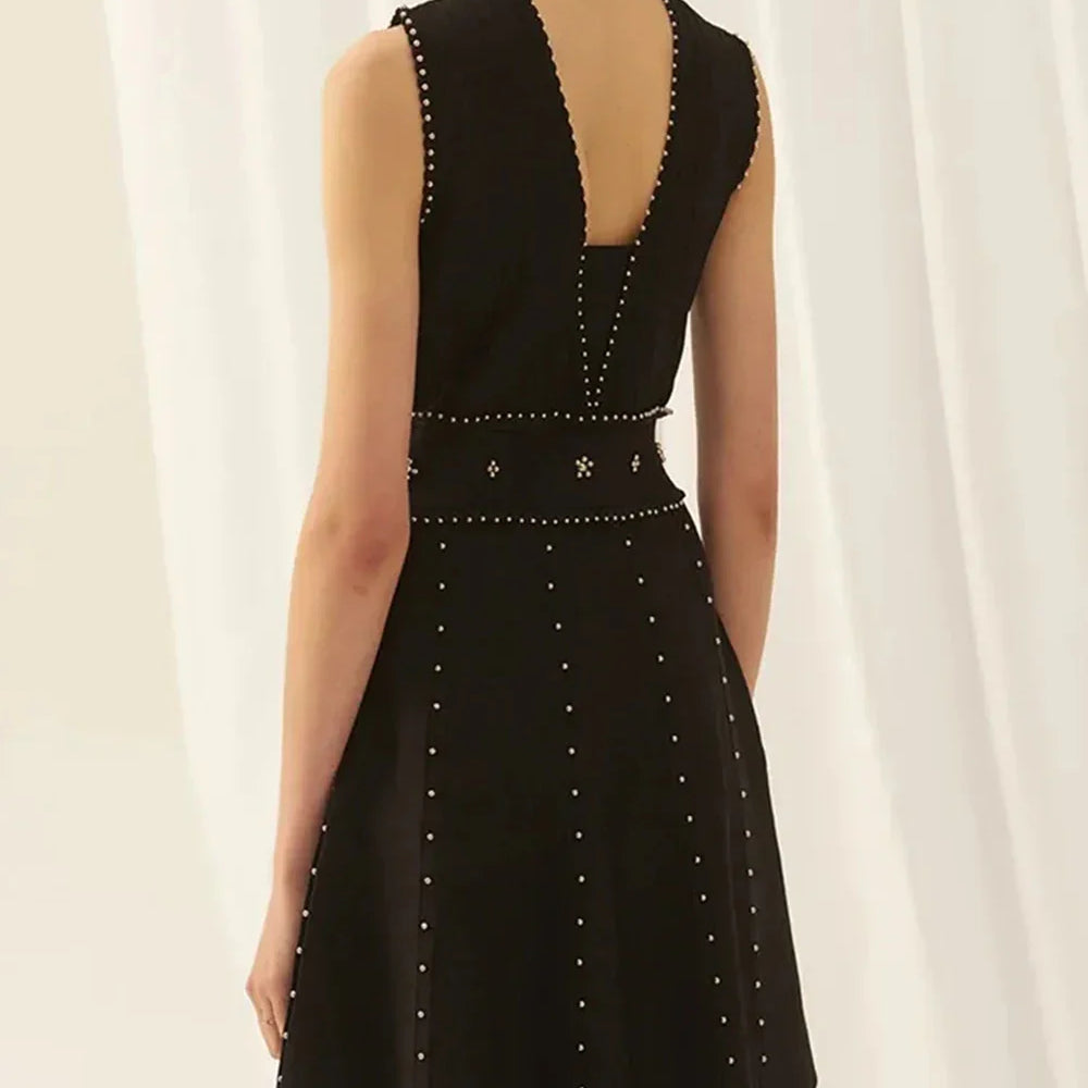 Ailigou New Summer Women's A-line Black Sleeveless Beaded Sexy Elastic Knitted Mini Dress Elegant Celebrity Party Dress