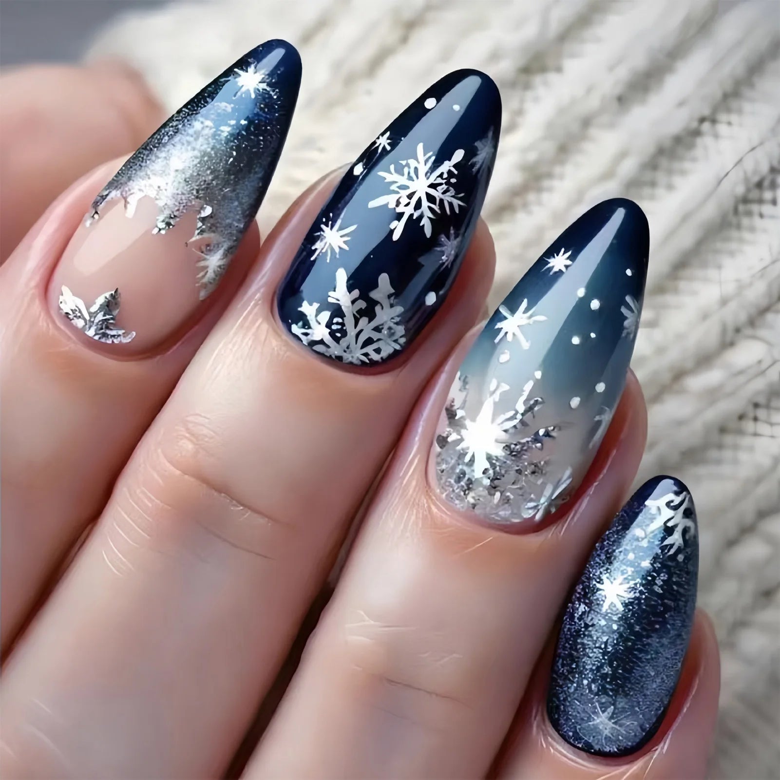 Gradient Blue Almond Fake Nails 24Pcs Christmas Nails Press On Acrylic False Nails Snowflake Printed Women Charm Manicure As show
