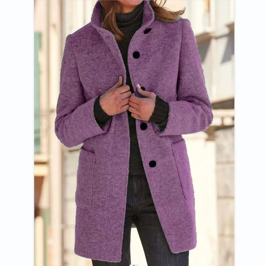Vintage Women Overcoat Solid Button Stand Collar Woolen Coat Female Autumn Winter Fashion Long Casual Thick Ladies Jacket Light Purple