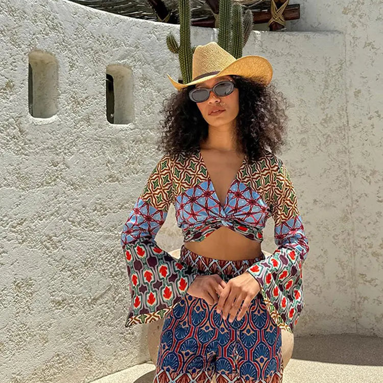 Fashion Vintage Print Long Flare Sleeve Top Wide Leg Pants Suit Elegant Women V Neck Crop Tops Elastic Waist Trousers Set Outfit