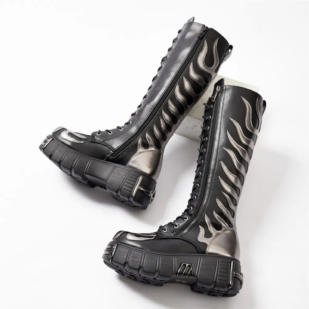 Fashion Women Punk Lace-Up Round Toe Boots For Woman's Thick Bottom Knee High Botas Mujer 2025 Motorcycle Party Platform Shoes