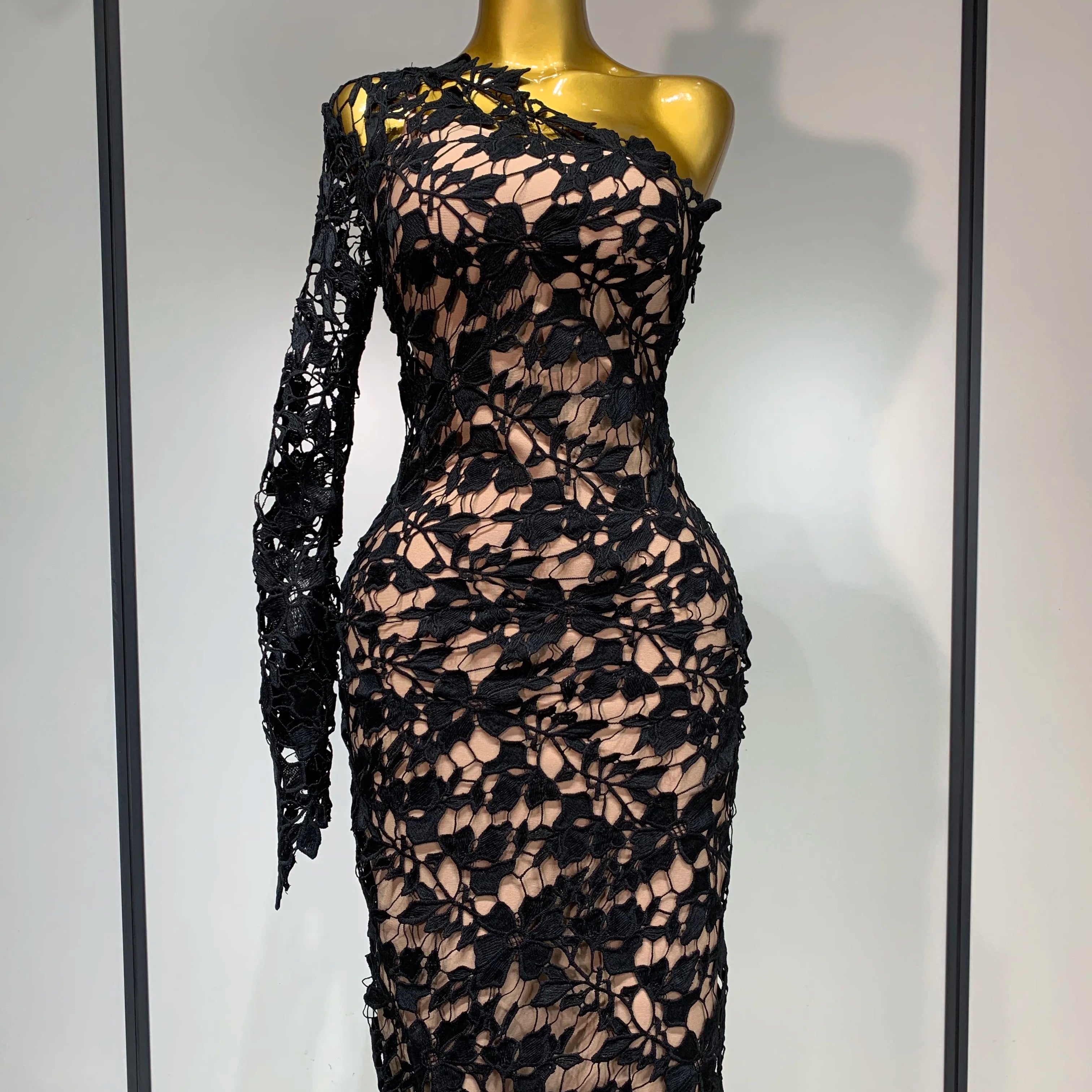 Women Sexy Lace Patchtop Bandage Dress Diagonal Collar Single Shoulder Long Sleeve Bodycon Dress Party Luxury Birthday Dresses black