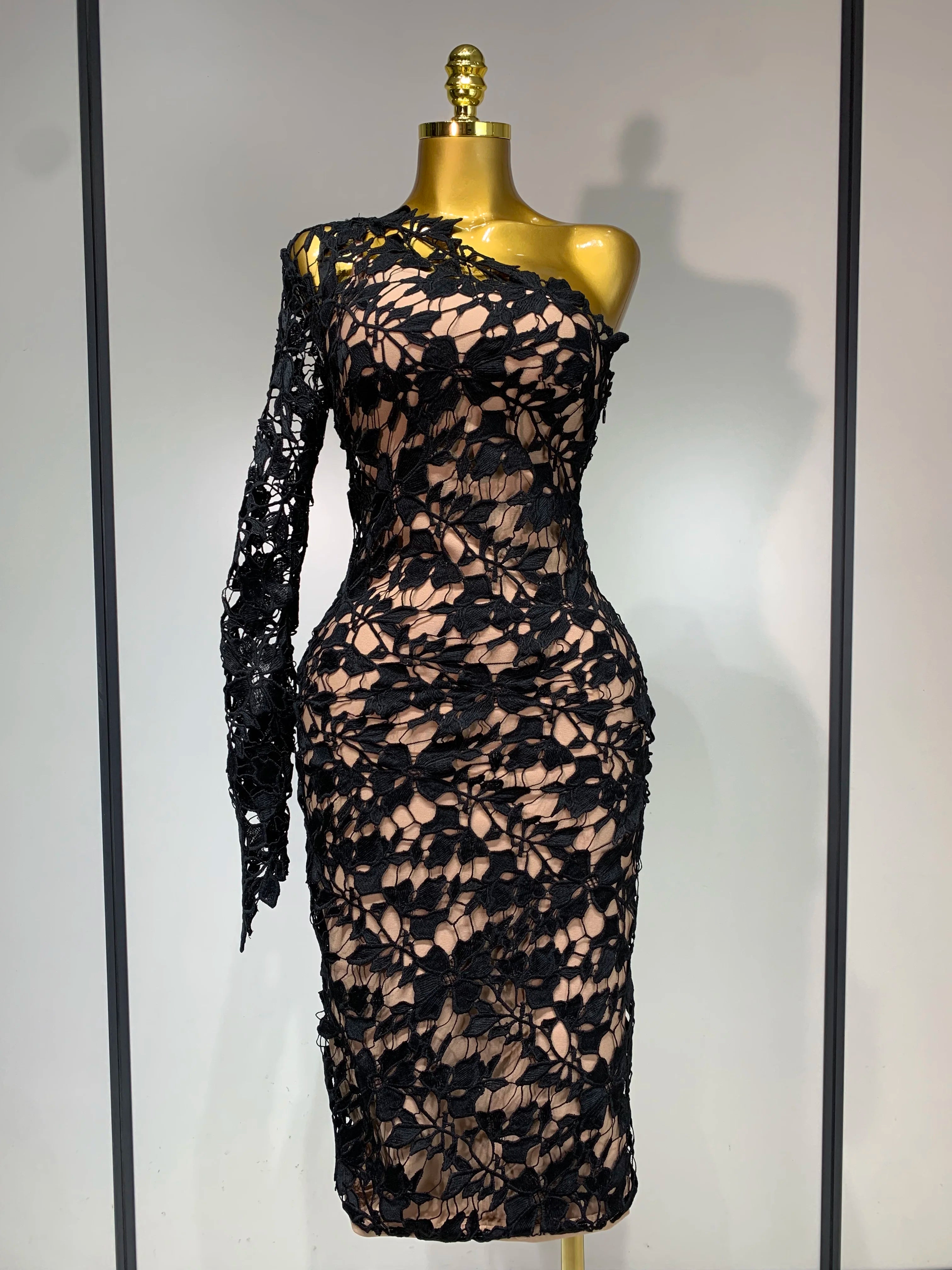 Women Sexy Lace Patchtop Bandage Dress Diagonal Collar Single Shoulder Long Sleeve Bodycon Dress Party Luxury Birthday Dresses black