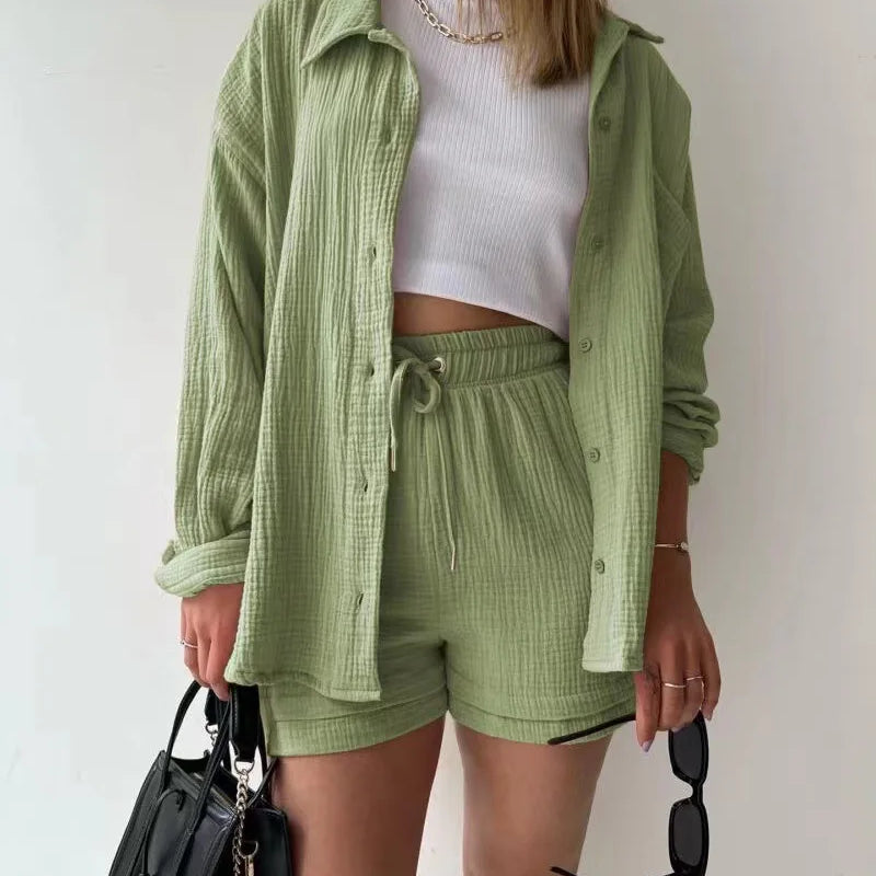 2 Piece Casual Sleepwear Cotton Pajamas for Women Turn-Down Collar Sleep Tops Suits with Shorts Gauze Cardigan Homewear Summer Light Green