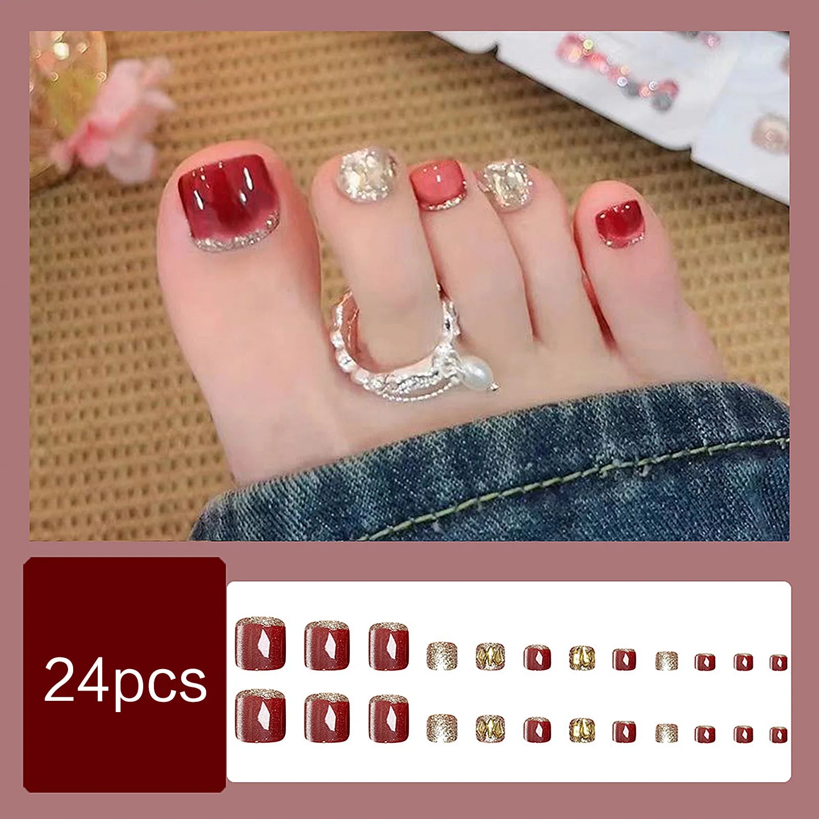 24pcs Blue Cat Eye False Toenails shiny Rhinestone Decor Fake Toenails Wearable Reusable Fashion Korean Press on Toenails 7