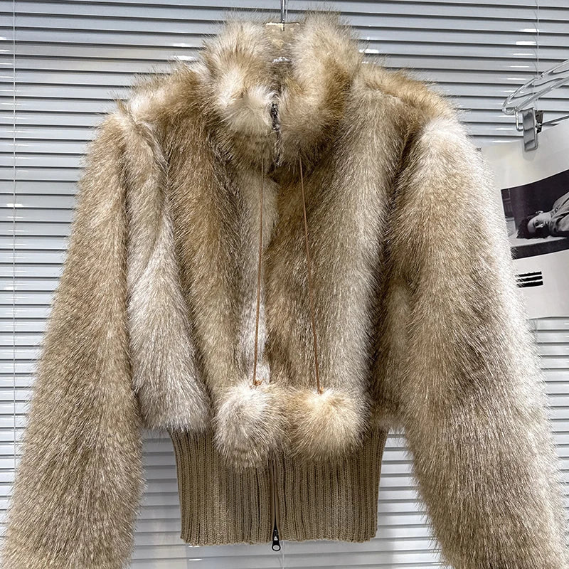 Winter New Fashion Gradient Wool Thread Waist-Cinching Faux Fur Short Coat For Women Stand Collar Jacket 11A07649