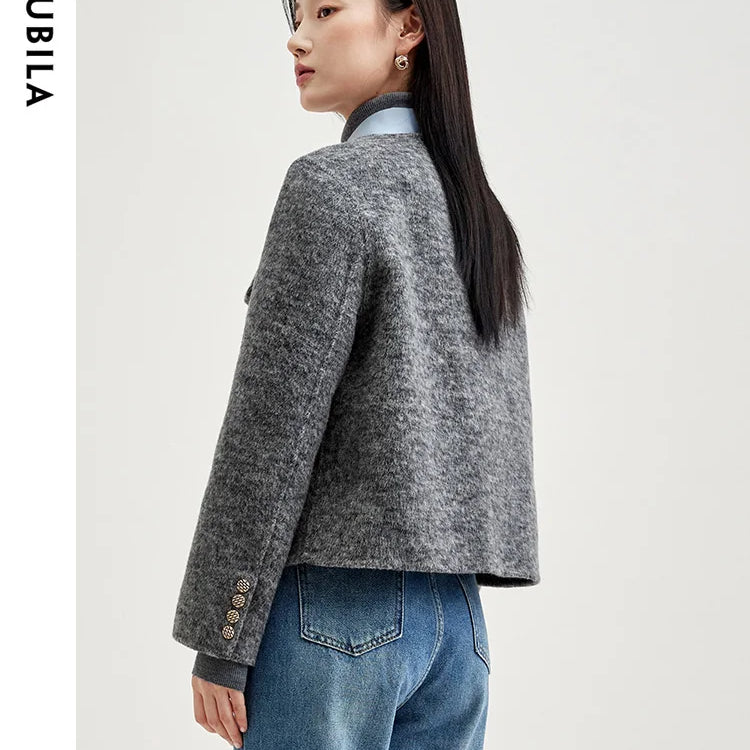 Winter Wool Blend Coats for Women Round Neck Long Sleeve Double-faced Woolen Cropped Jacket Elegant Outerwear