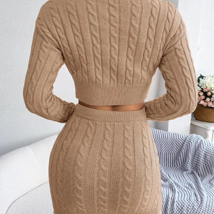 Sexy Sweater Sets 2024 Autumn Winter New Solid Knit Long Sleeve Top Wrap Hip Skirt Suits Show Waist Women ClothesCasual Sweaters