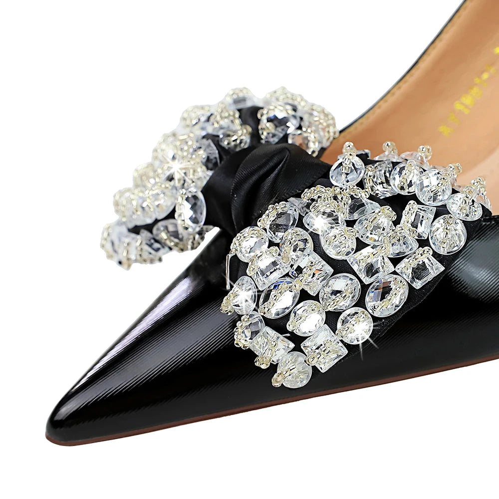 Women 5.5cm High Heels Green Pumps Lady Plus Size 34-43 Wedding Middle Low Kitten Heels Bling Crystal Rhinestone Party Bow Shoes