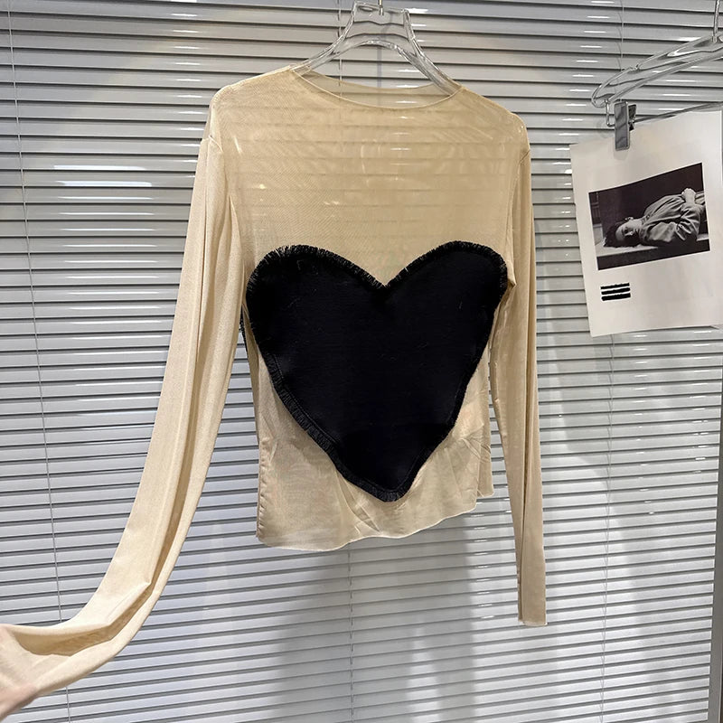 Winter New Fashion Heart Pattern Contrast Color Long Sleeve Mesh T-Shirt For Women Versatile Slim Fit Tops 11A07586