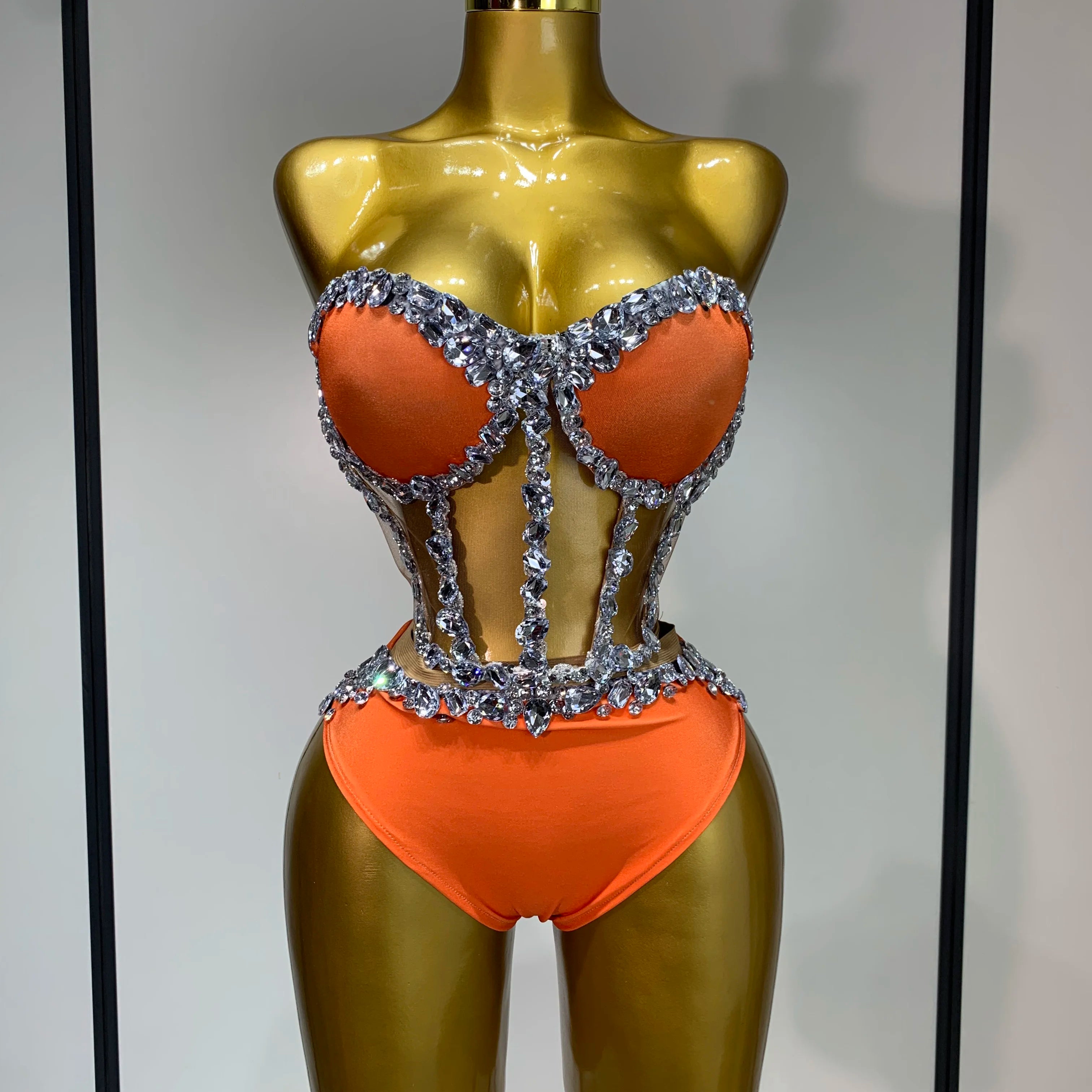 Sparkly Rhinestone Stage Outfit Women Long Sleeve Three Piece Set Dance Drag Queen Nightclub Evening Party Birthday Costume