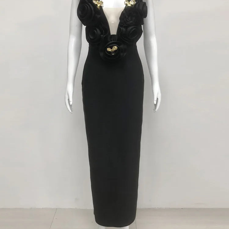 Chic Women Celebrity Sexy Deep V Neck Flower Black Maxi Long Bandage Bodycon Dress 2025 Elegant Evening Club Party Outfit