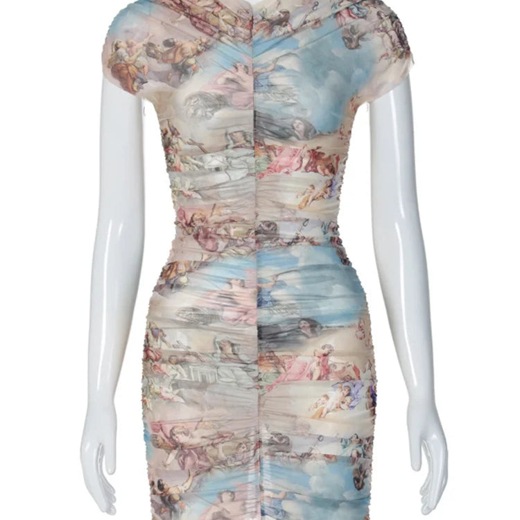 Multicolor Printed Mensh Dress Women Party Evening Clothes Slim fit X-shpe Vestidos De Brillo Fiesta Mujer Clothes For women