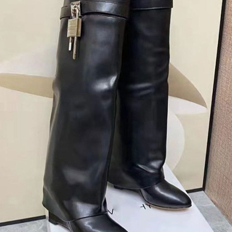Women's Knee High Boots Shark Lock Long Thick Soled High-heeled Boots Designer Luxury Brand Women's Leather Boots Black pu