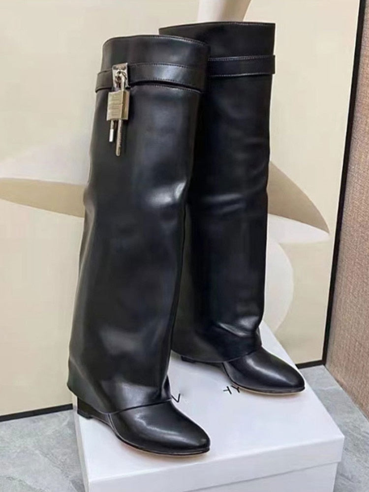Women's Knee High Boots Shark Lock Long Thick Soled High-heeled Boots Designer Luxury Brand Women's Leather Boots Black pu