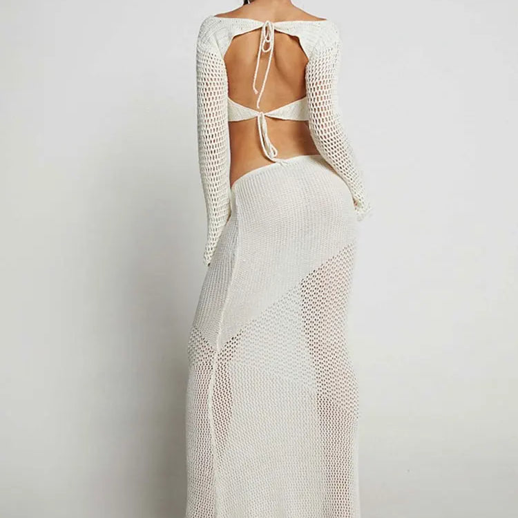 Summer Women's New White Tethered Long-sleeved Hip Casual Hollow Out Knitted Long Skirt Suit Bikini Cover Up Beach Dress A1882