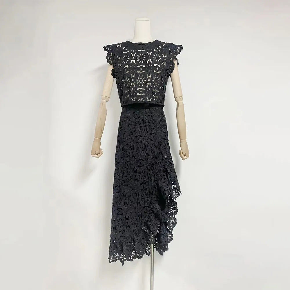 Hollow Out Embroidery Two Piece Set For Women Round Neck Sleeveless Top High Waist Split Skirts Elegant Sets Female BLACK