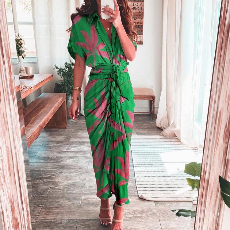 Women Sexy Bandage Shirt Dress Vintage Printed V Neck Ruched Long Dress Female Elegant Button Short Sleeve Beach Maxi Dress Robe Dark green