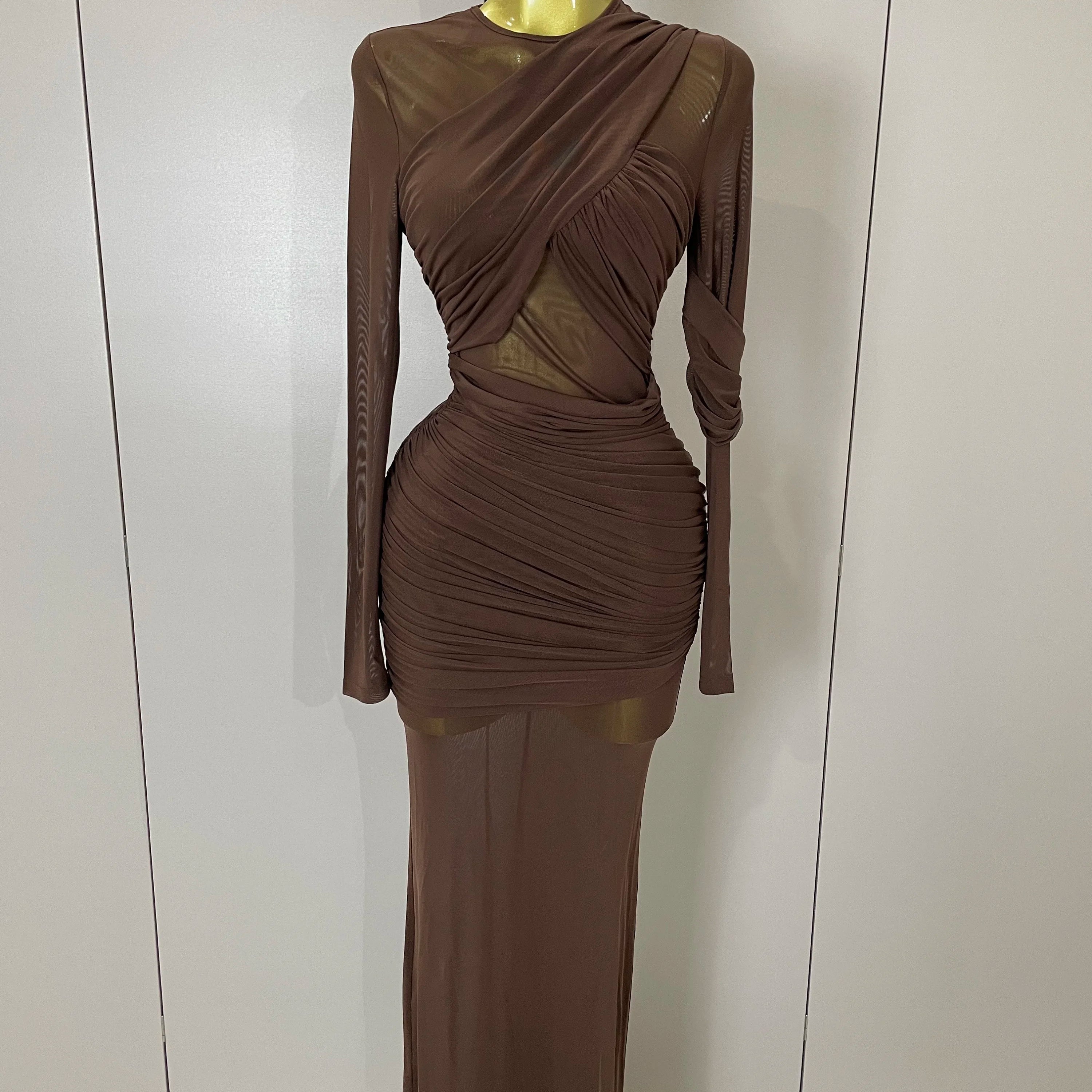 2025 Women Elegant Brown Mesh Fold Long Sleeve Bodycon Dress Evening Party Club Sexy Perspective Fashion Luxury Birthday Dresses Dark Brown