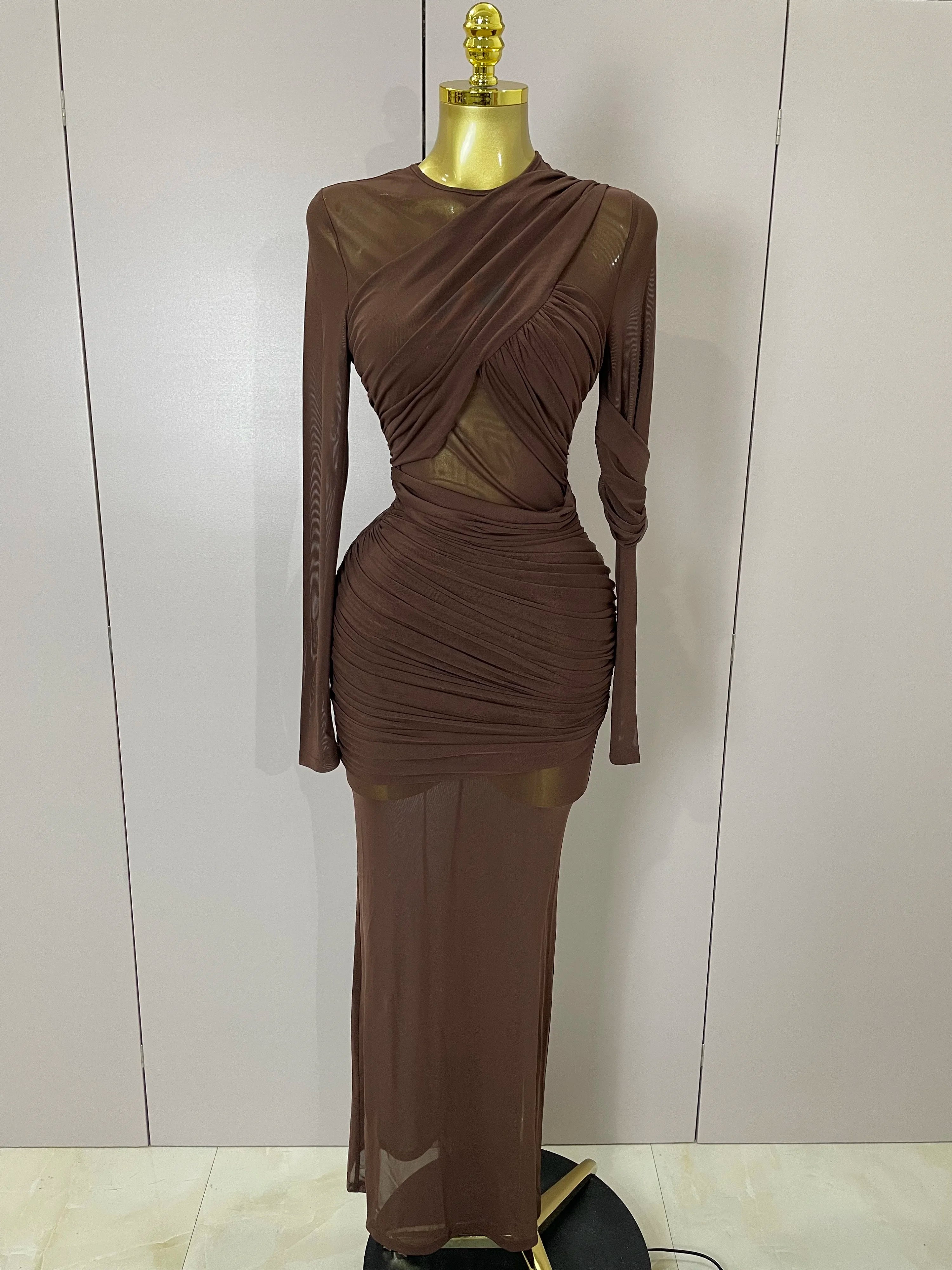 2025 Women Elegant Brown Mesh Fold Long Sleeve Bodycon Dress Evening Party Club Sexy Perspective Fashion Luxury Birthday Dresses Dark Brown