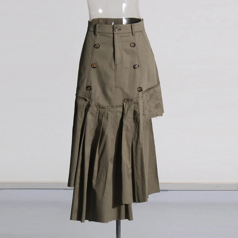 Solid Patchwork Button Two Piece Set For Women Lapel Long Sleeve Coat High Waist Irregular Skirt Chic Sets Female ARMYGREEN SKIRT