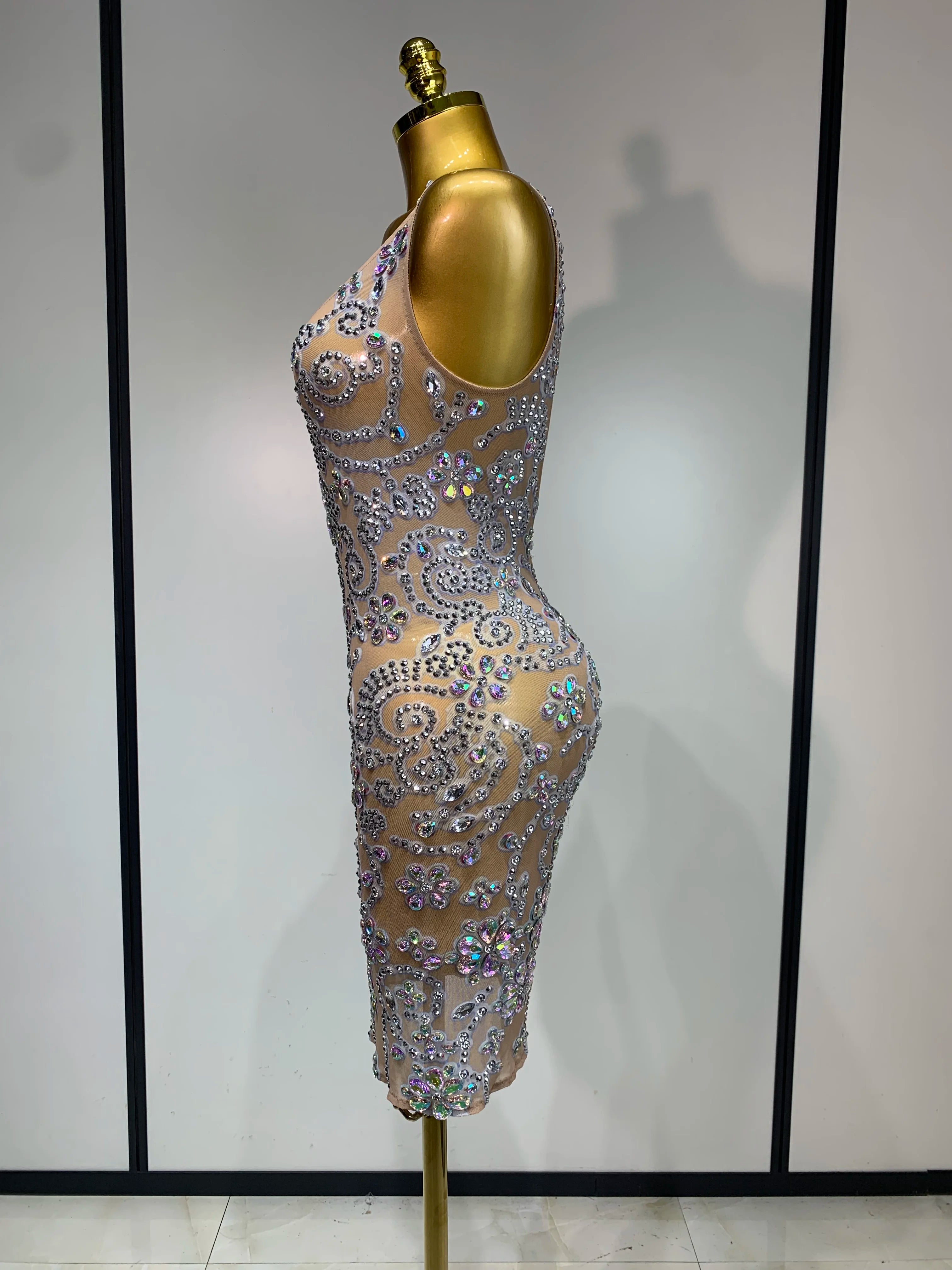 Celebrity Elegant Party Sparkly Rhinestones Transparent Mesh Short Dress Luxury Birthday Nightclub Outfit Perform Stage Costume