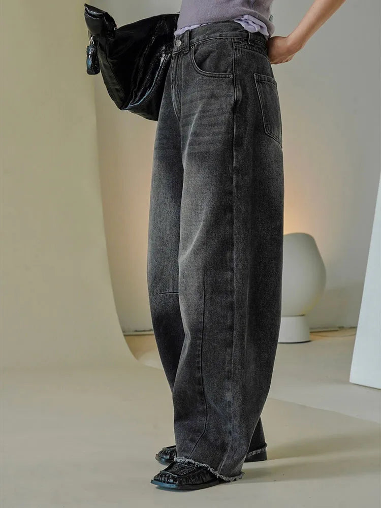 [LANMREM] Vintage Washed Jeans For Women High Waist Straight Wide Leg Denim Pants Streetwear Trousers Spring New 26D8252