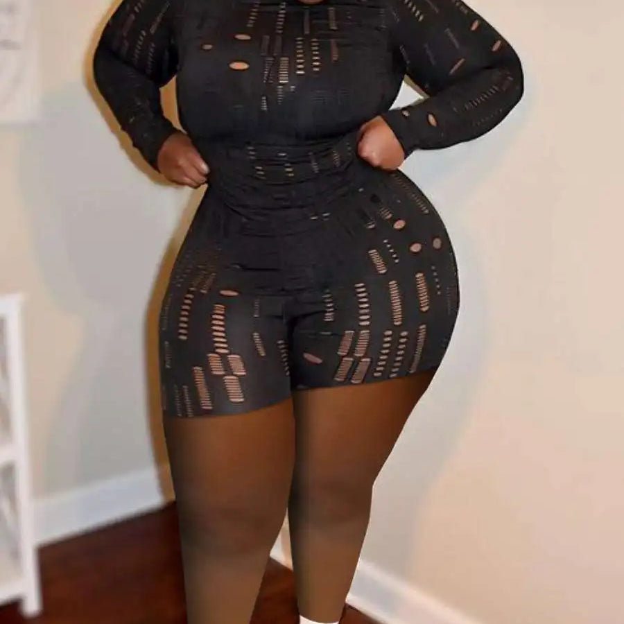 LW Plus Size Shorts Set Pierced Stretchy Sexy Women Casual O Neck Sheath Summer Vestidos Matching Outfits black