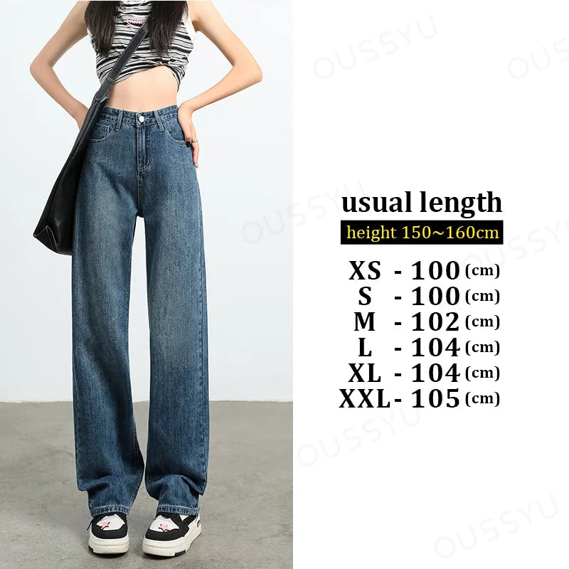 Jeans Women's High Waist Straight Wide Leg Cotton Y2K Denim Clothing Streetwear Vintage Fashion Pants Blue White Leisure Trouser Retro blue-usual