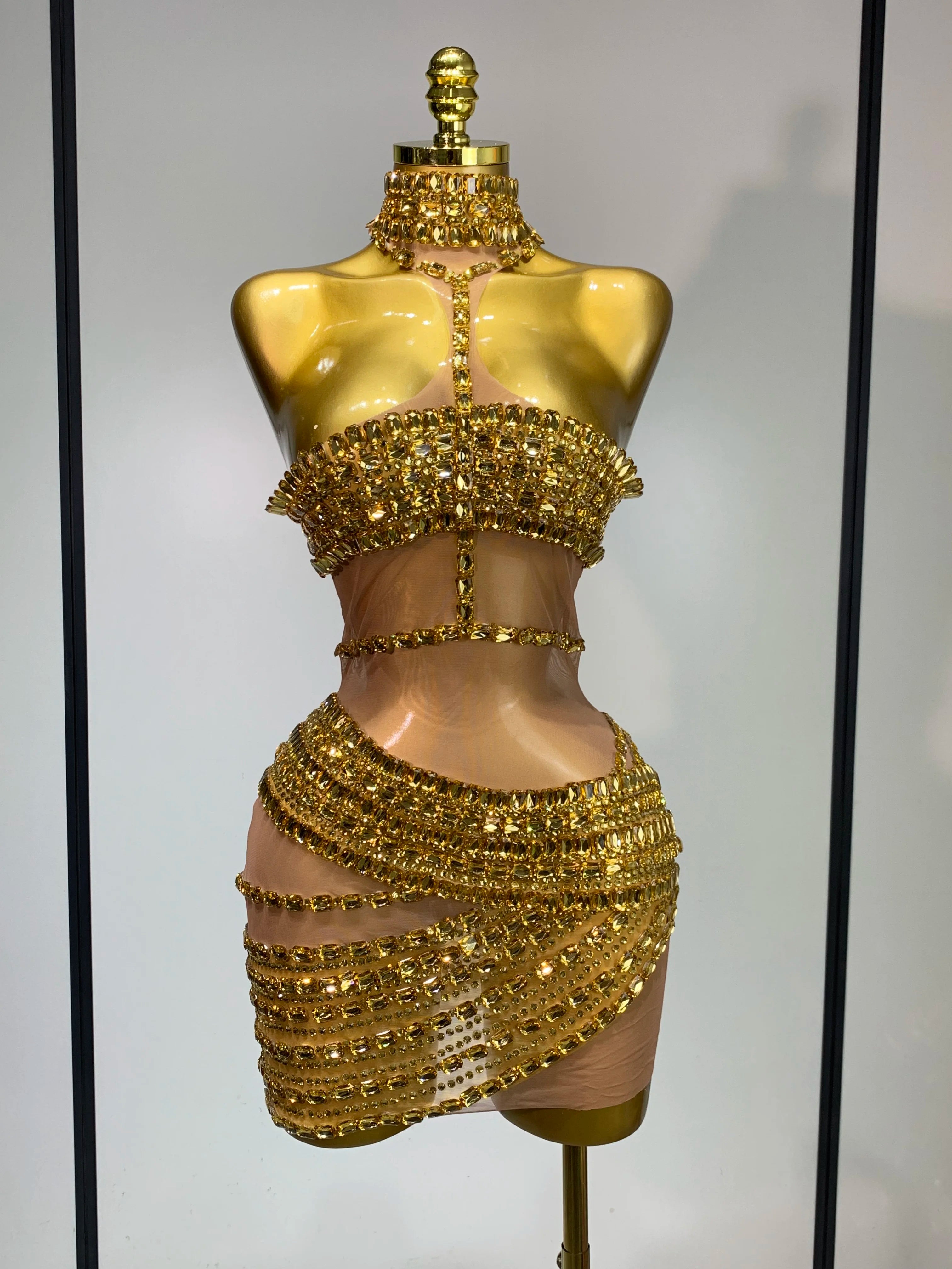 Sparkly Rhinestone Short Dress for Women Sexy Party Celebrate Birthday Dress Photo Shoot Performance Stage DJ Singing Costumes Gold