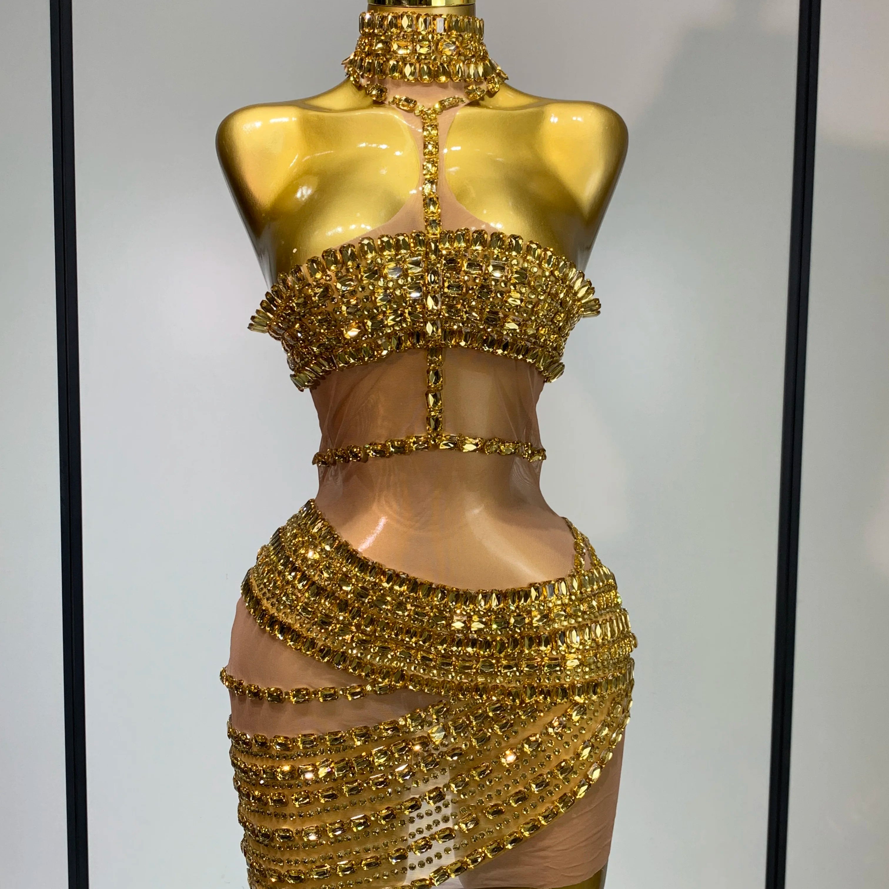 Sparkly Red Rhinestone Mini Dress Womer Sexy Mesh Birthday Wedding Party Prom Gowns Drag Queen Costume Singer Stage Outfit Gold