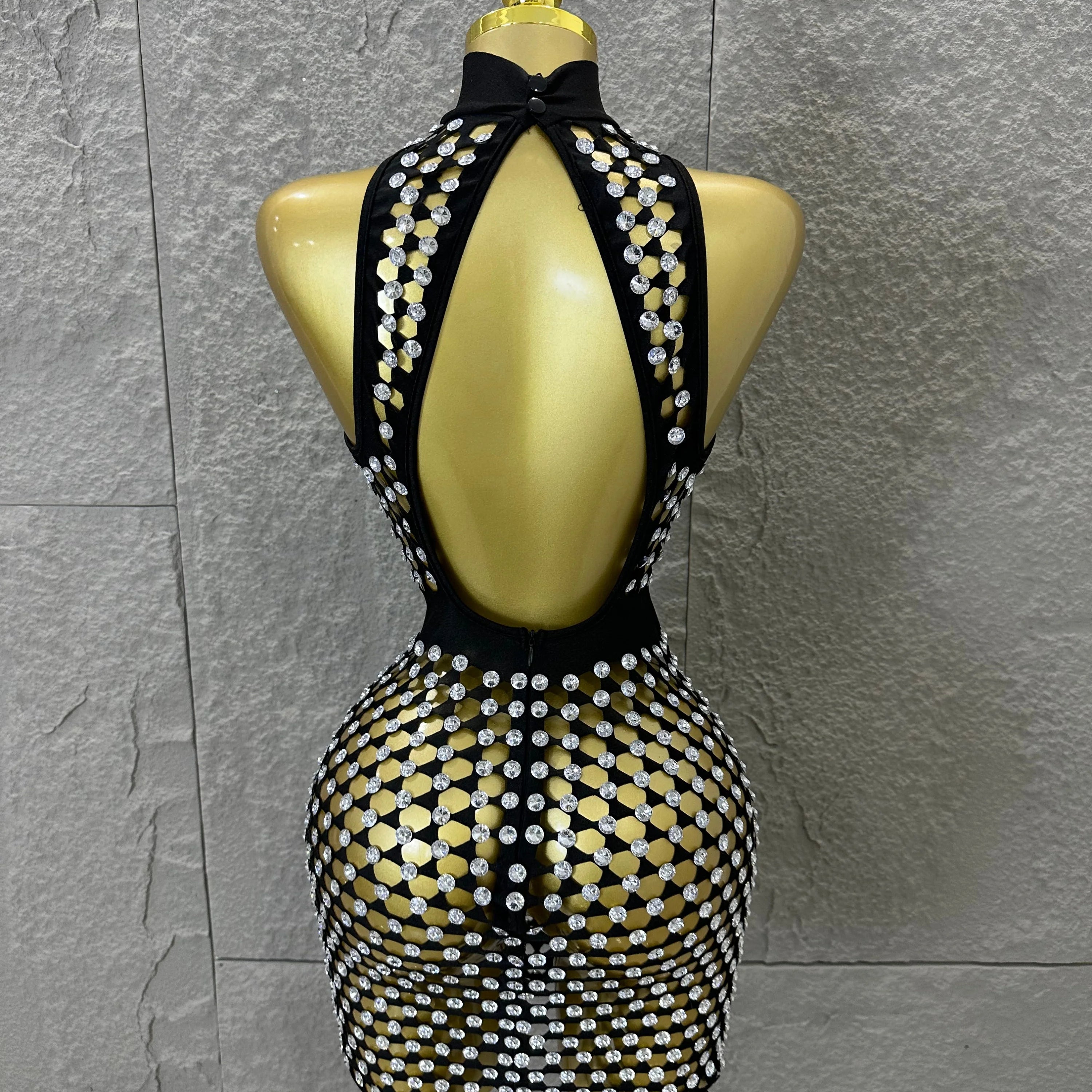 Luxury 2026 Glamorous Black Mesh Halter Mini Dress Sparkle Rhinestone Gold Silver Bead Bodycon Bar Stage Performance Costume