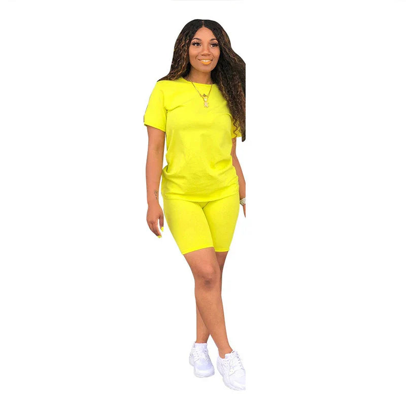 Women Sets Summer Outfit Sportswear Two Piece O-Neck Short Sleeve Tee Gym Tracksuit Jogging Tshirts Casual Style Yellow