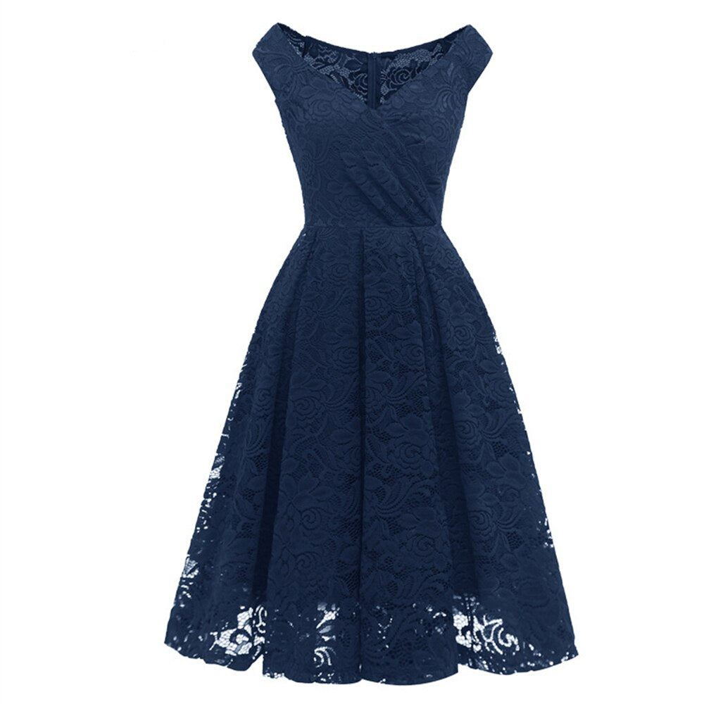 V Neck Sleeveless Floral Lace Pleated Hoco Dress for Teens Champagne Elegant Short Prom Gown Navy blue