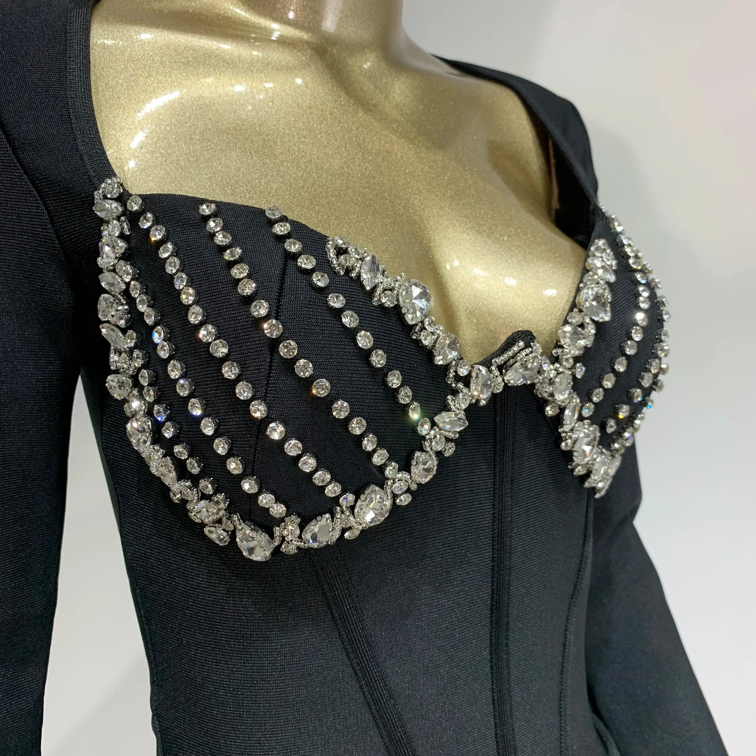 Women Celebrity Sexy Long Sleeve Beading Ruffles Black Maxi Long Bodycon Bandage Dress 2025 Elegant Evening Club Party Dress