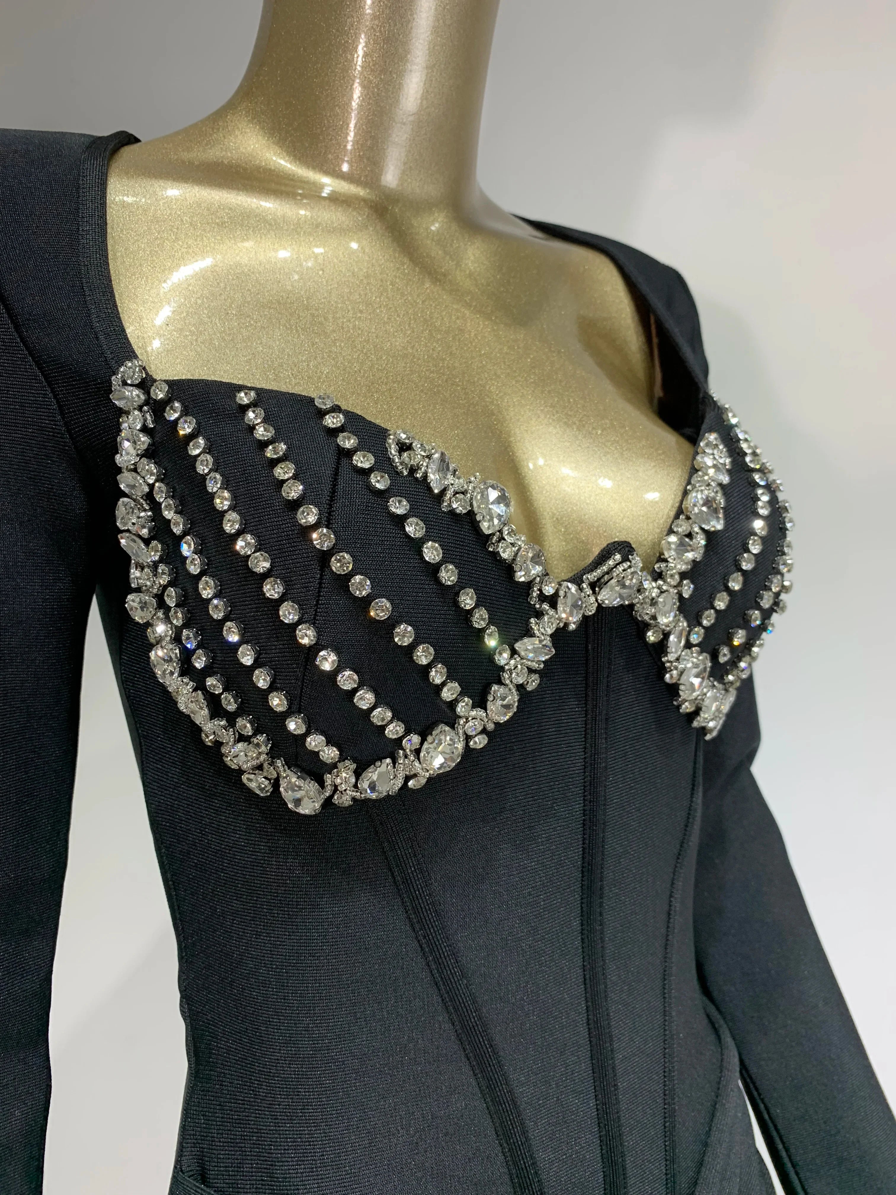 Women Celebrity Sexy Long Sleeve Beading Ruffles Black Maxi Long Bodycon Bandage Dress 2025 Elegant Evening Club Party Dress