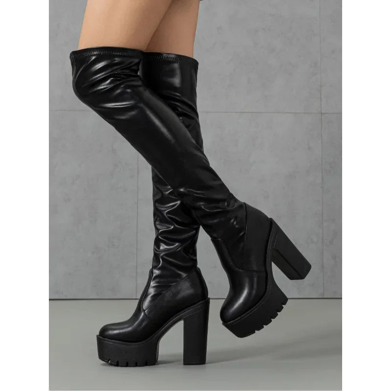 Fashion Women's Boots High Heels 13cm Over Knee Platform Boots Elastic Thick Heels Long Boots Plus Size42