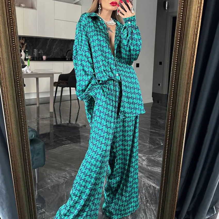 Clacive Fashion Loose Print 2 Piece Sets Women Outfit Elegant Long Sleeve Shirt With High Waist Wide Pants Set Streetwear Green