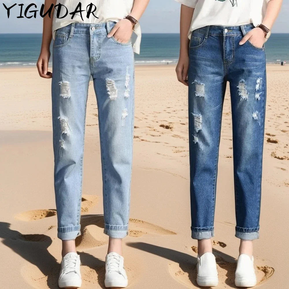 Fashion New Women Mid Waist Boyfriend Big Ripped Hole Jeans Casual High Street Denim Pants Sexy Vintage Pencil Jeans y2k