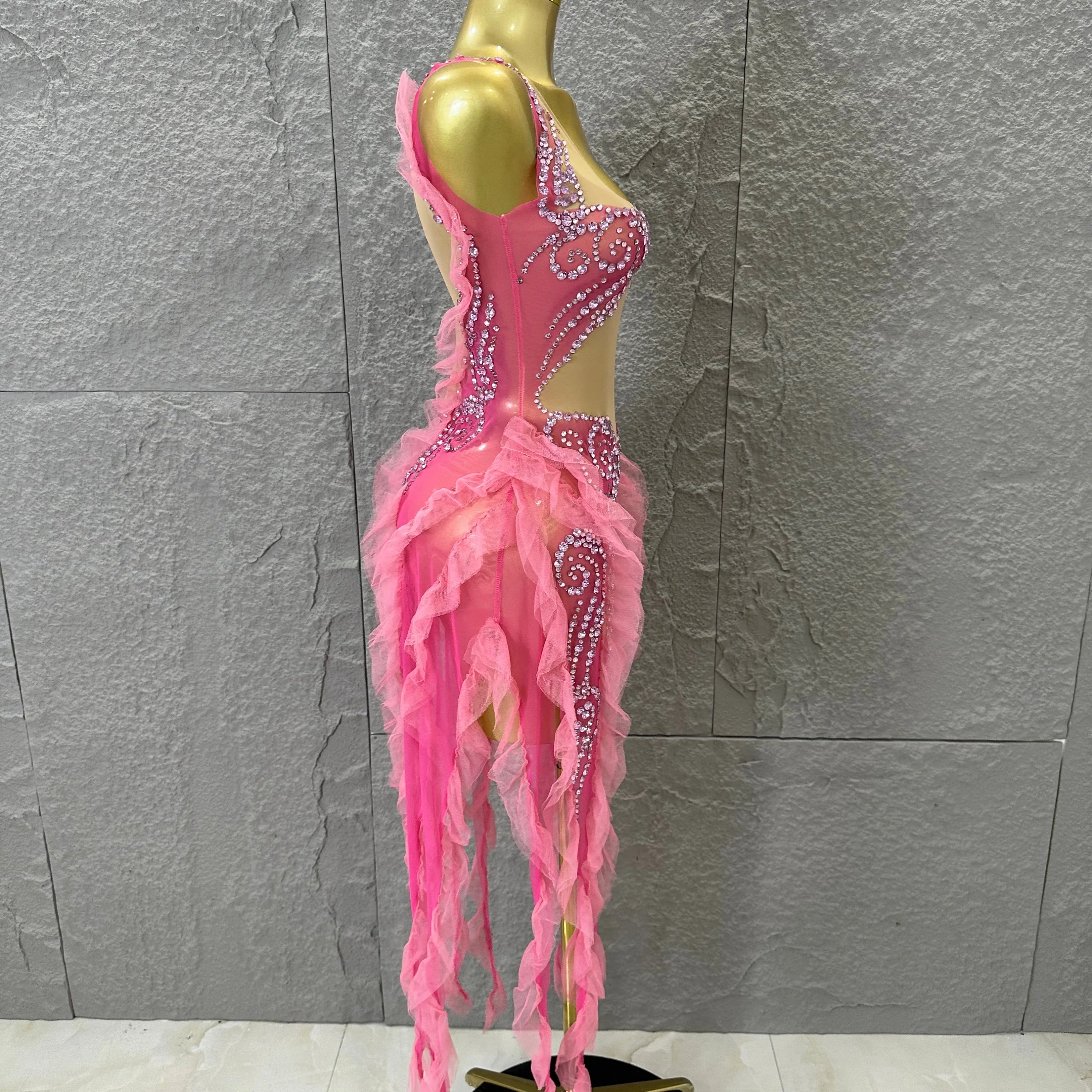 Women Sheer Mesh Rhinestone Ruffle Embellished Latin Dance Performance Costume Elegant Pink Spaghetti Strap Mini Dress