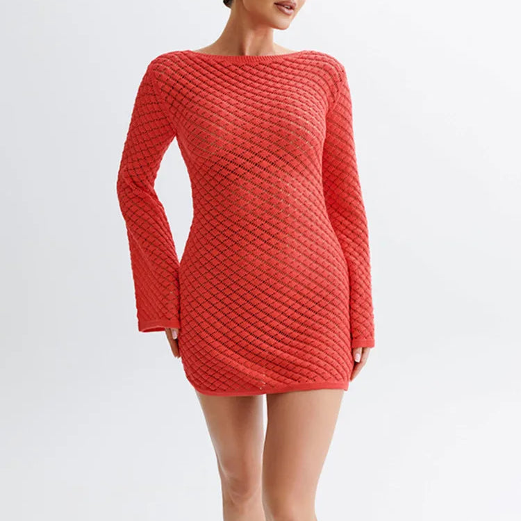 Mozision Backless Long Sleeve Knit Mini Dress For Women Fashion Elegant Spring Summer See Through Beach Holiday Dress Beachwear Red