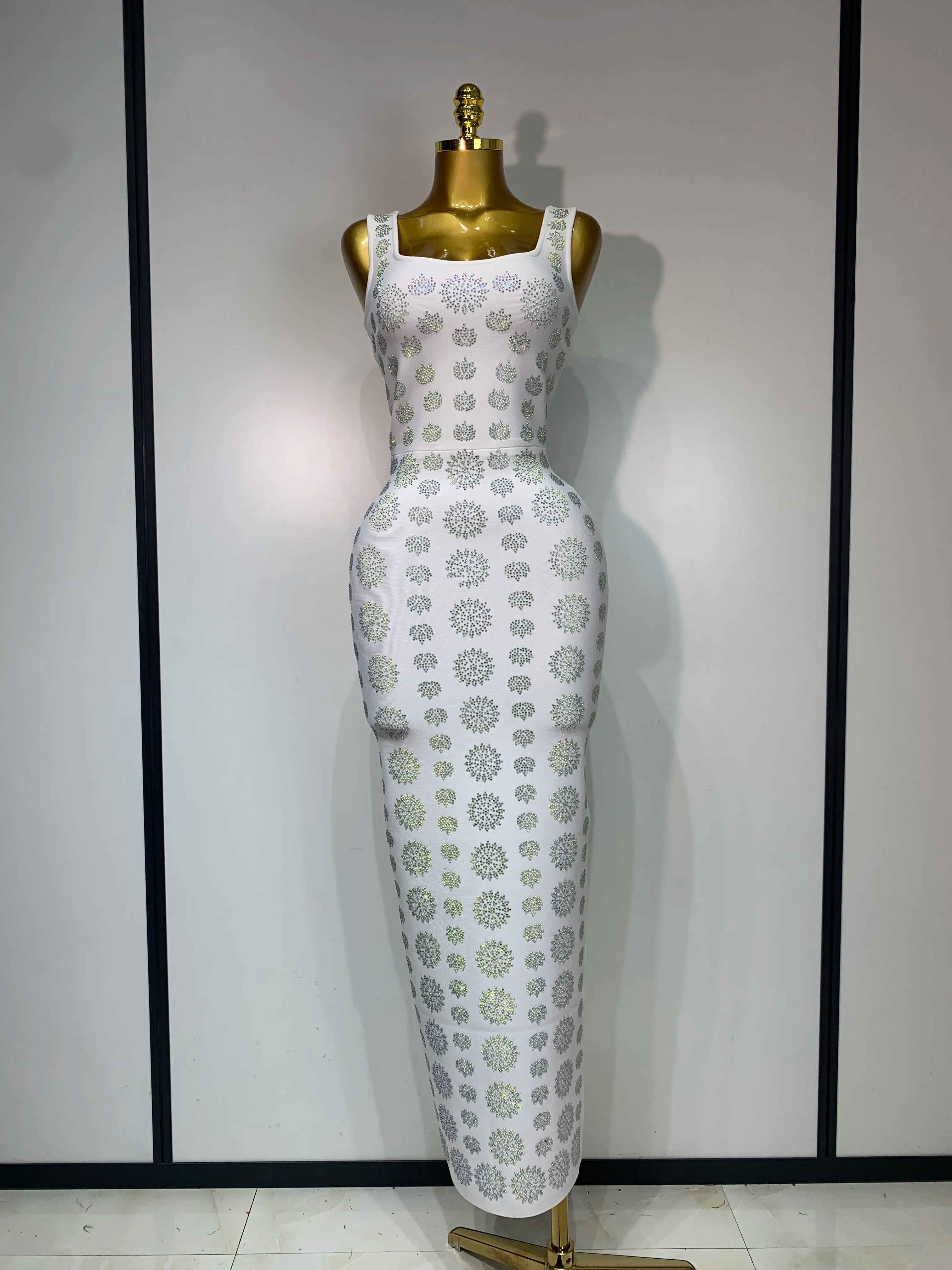 High Qulity Sparkling Diamonds Sleeveless Strech Bandage Dress Elegant Woman Evening Party Wedding Guest Luxury Birthday Dress WHITE