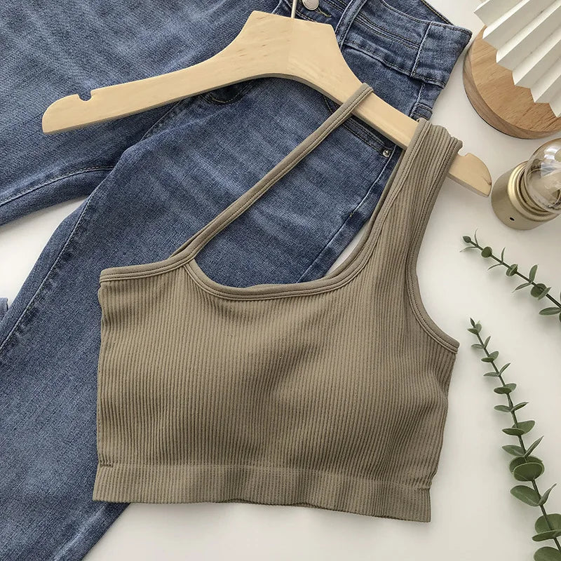 Sexy Tops for Womens Crop Top Woman Solid Color Tank Top Oblique Shoulder Sleeveless Camis Tank Tops for Women Ladies Slim Vest green One Size