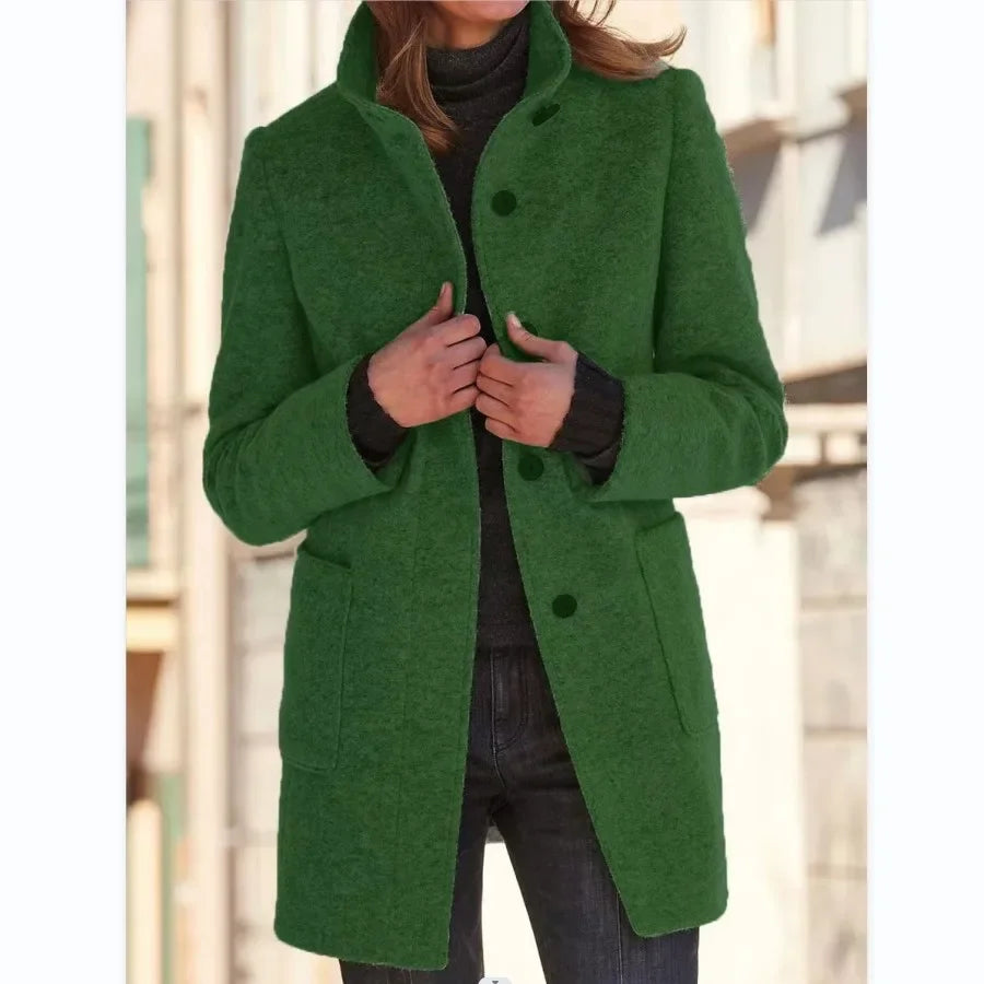 Vintage Women Overcoat Solid Button Stand Collar Woolen Coat Female Autumn Winter Fashion Long Casual Thick Ladies Jacket Dark Green