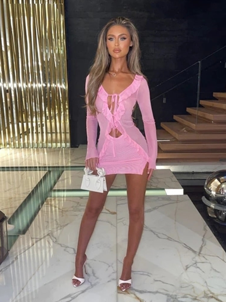 Townlike Sexy 3 Pieces Set Women Long Sleeve Crop Top And Mini Skirts And Bra Slim Three Piece Set 2024 Spring Summer Outfits 23008pink