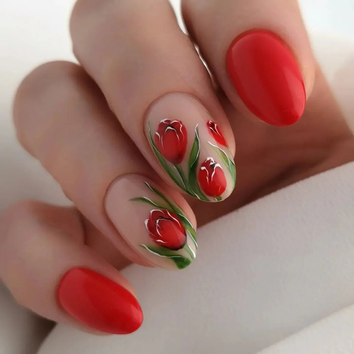 24Pcs/Box Short Almond False Nails Full Cover Garden Flower Design Press on Nails Art Wearable Colorful Manicure for Women Girl