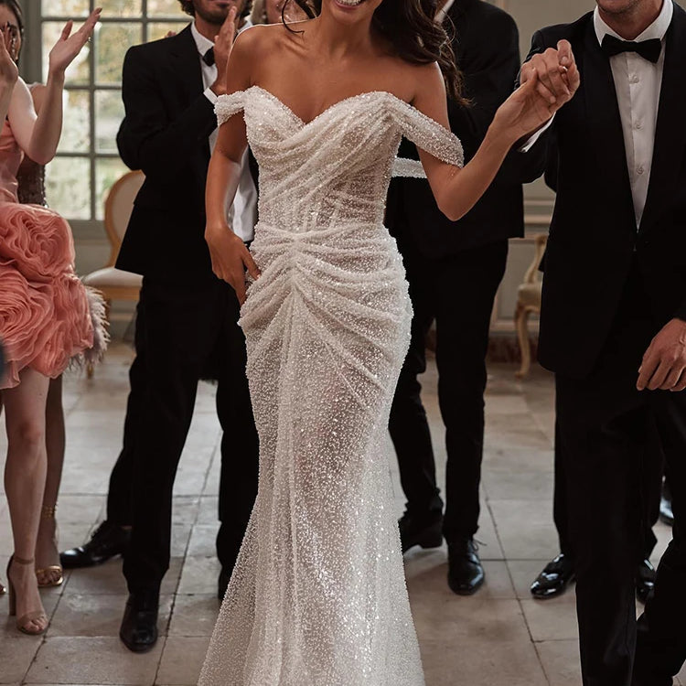 Elegant Sweetheart Neck Ruched Mermaid Wedding Dress Off the Shoulder Sleeveless Bridal Party Evening Gowns Vestido